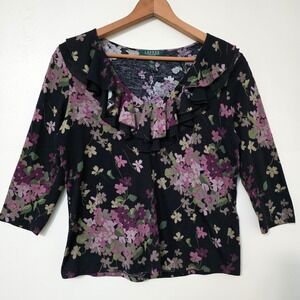 Lauren Ralph Lauren‎ Ruffle Poet Top Sz L Petite Y2K Dark Floral Fairy Preppy